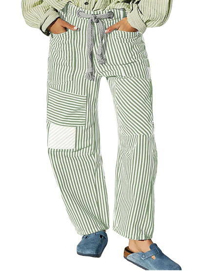 Women's Striped Drawstring Wide Leg Mom Denim Pants with Pockets