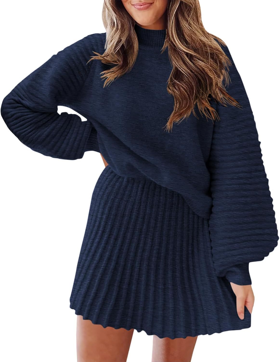 Women's Mock Neck Ribbed Sweaters and Mini Skirt Two Piece Sets