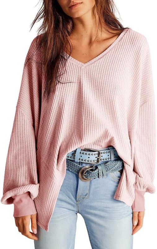 Waffle Knit Tops  Long Lantern Sleeve Casual Blouses