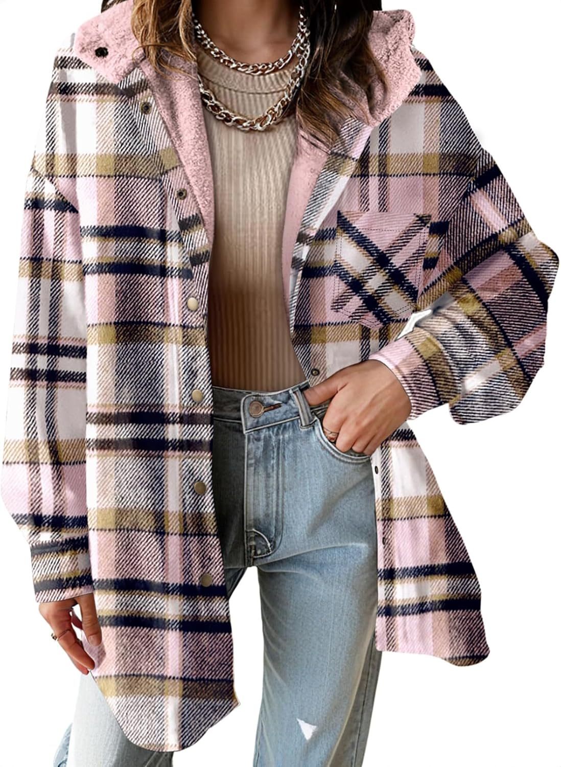 Women's Flannel Fuzzy Fleece Button down Hooded Plaid Shacket Jacket (Buy 2 Free Shipping)