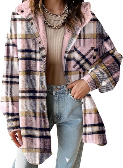 Women's Flannel Fuzzy Fleece Button down Hooded Plaid Shacket Jacket (Buy 2 Free Shipping)