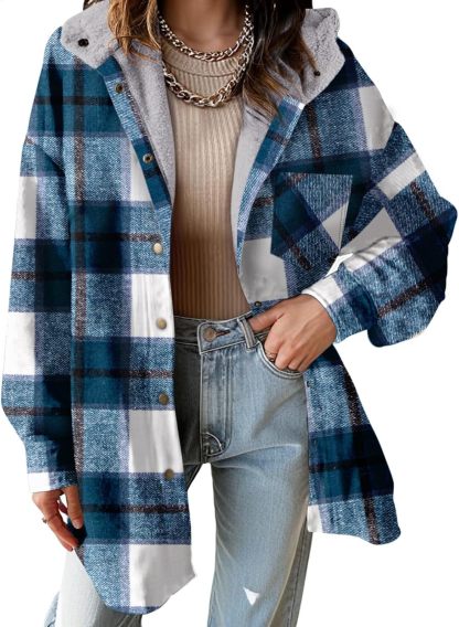 Women's Flannel Fuzzy Fleece Button down Hooded Plaid Shacket Jacket (Buy 2 Free Shipping)