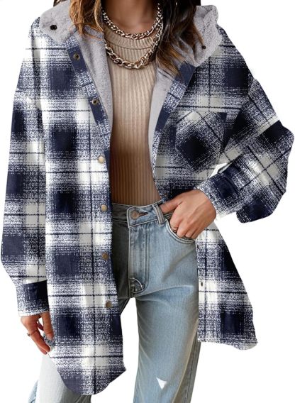 Women's Flannel Fuzzy Fleece Button down Hooded Plaid Shacket Jacket (Buy 2 Free Shipping)