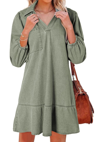 Women's V Neck 3/4 Puff Sleeve Denim Casual Dress