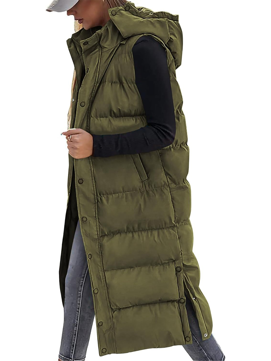 Women's Hooded Button Zipper Long Puffer Vest Jacket Coat