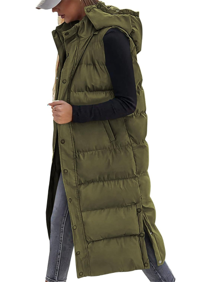 Women's Hooded Button Zipper Long Puffer Vest Jacket Coat