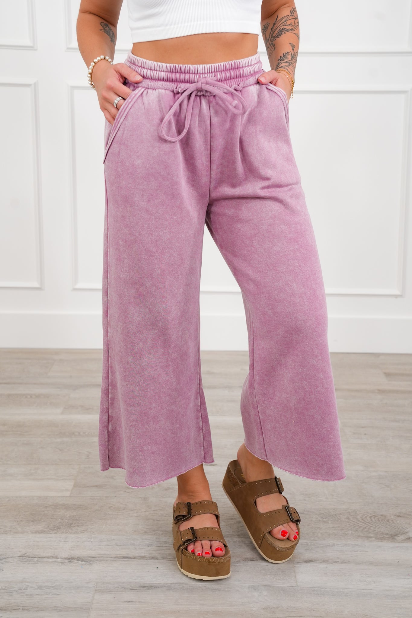 Acid Wash Fleece Palazzo Sweatpants with Pockets
