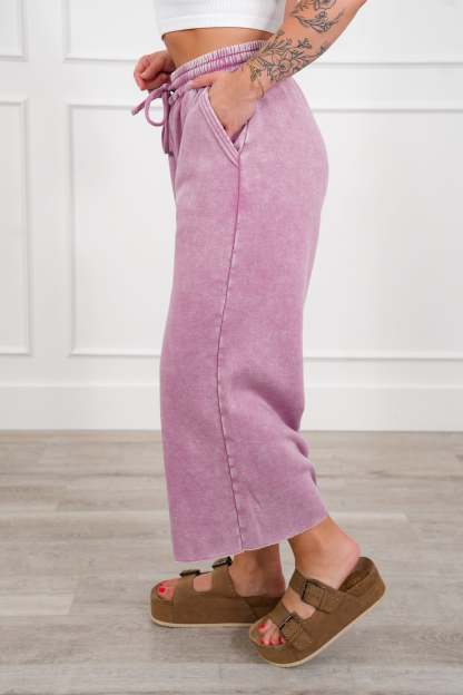 Acid Wash Fleece Palazzo Sweatpants with Pockets