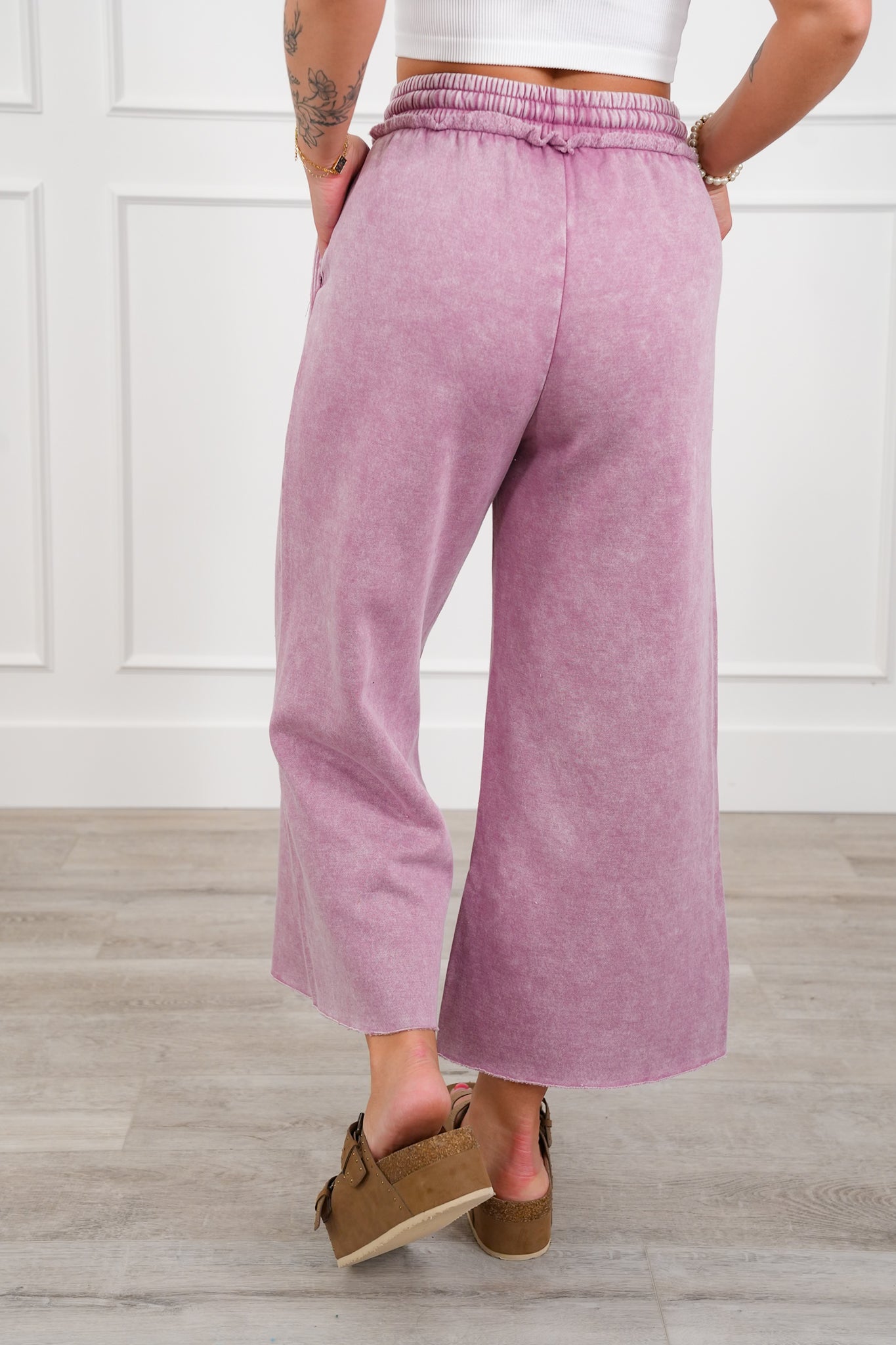 Acid Wash Fleece Palazzo Sweatpants with Pockets