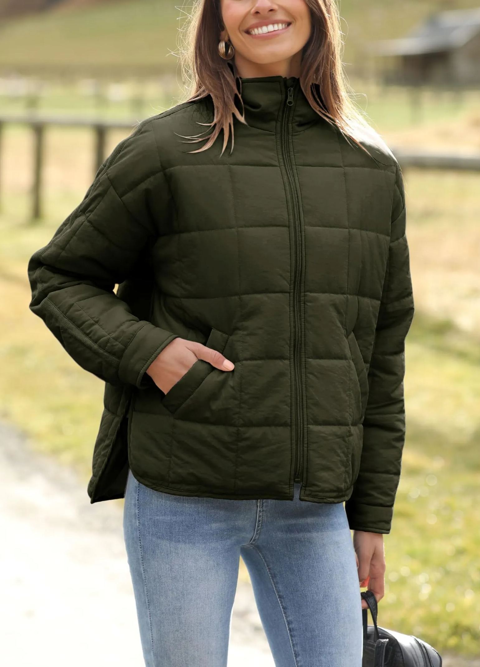 Women's Oversized Splice Quilted Lightweight Puffer Jacket Casual Padded Coat With Pockets