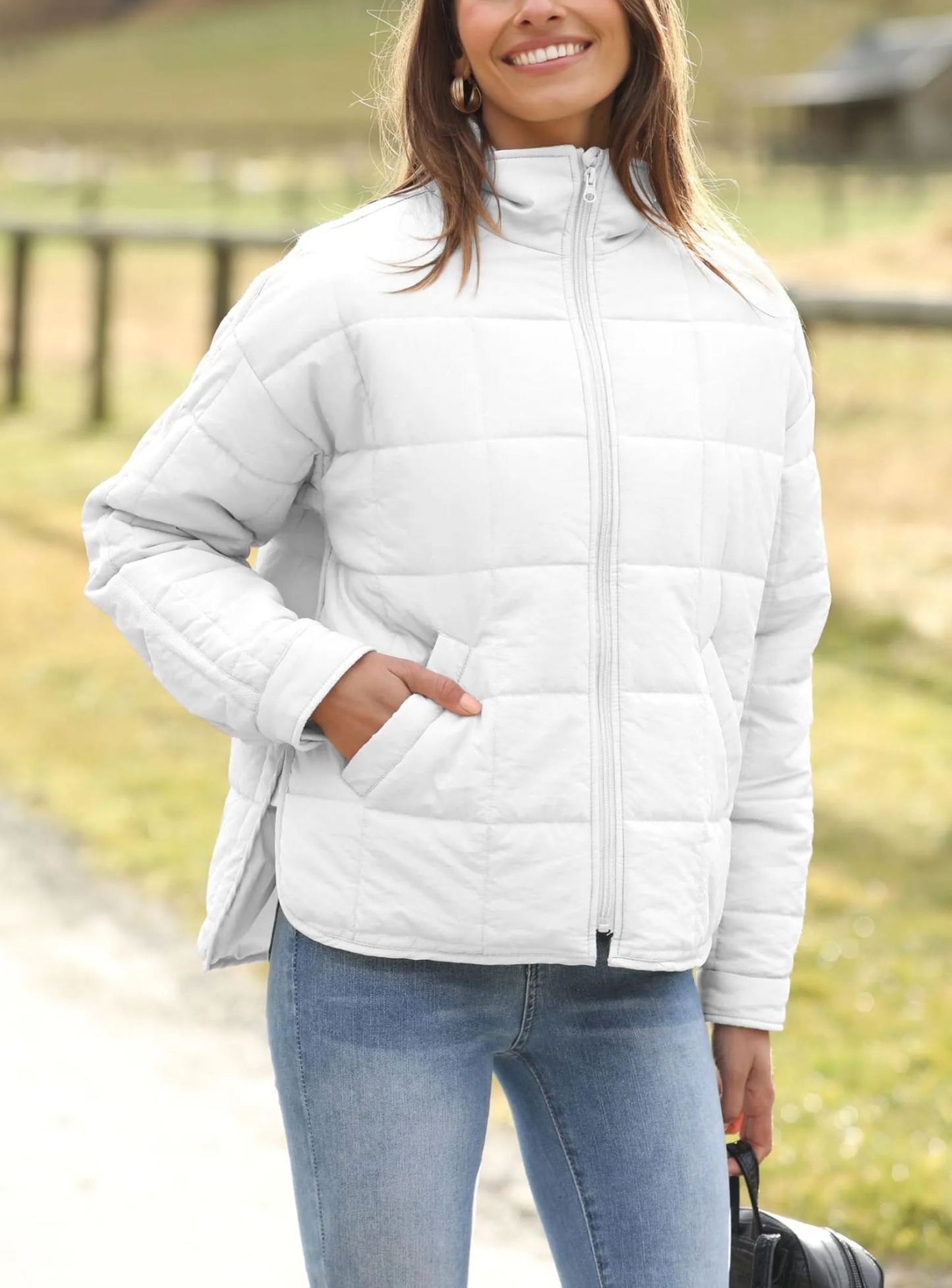 Women's Oversized Splice Quilted Lightweight Puffer Jacket Casual Padded Coat With Pockets