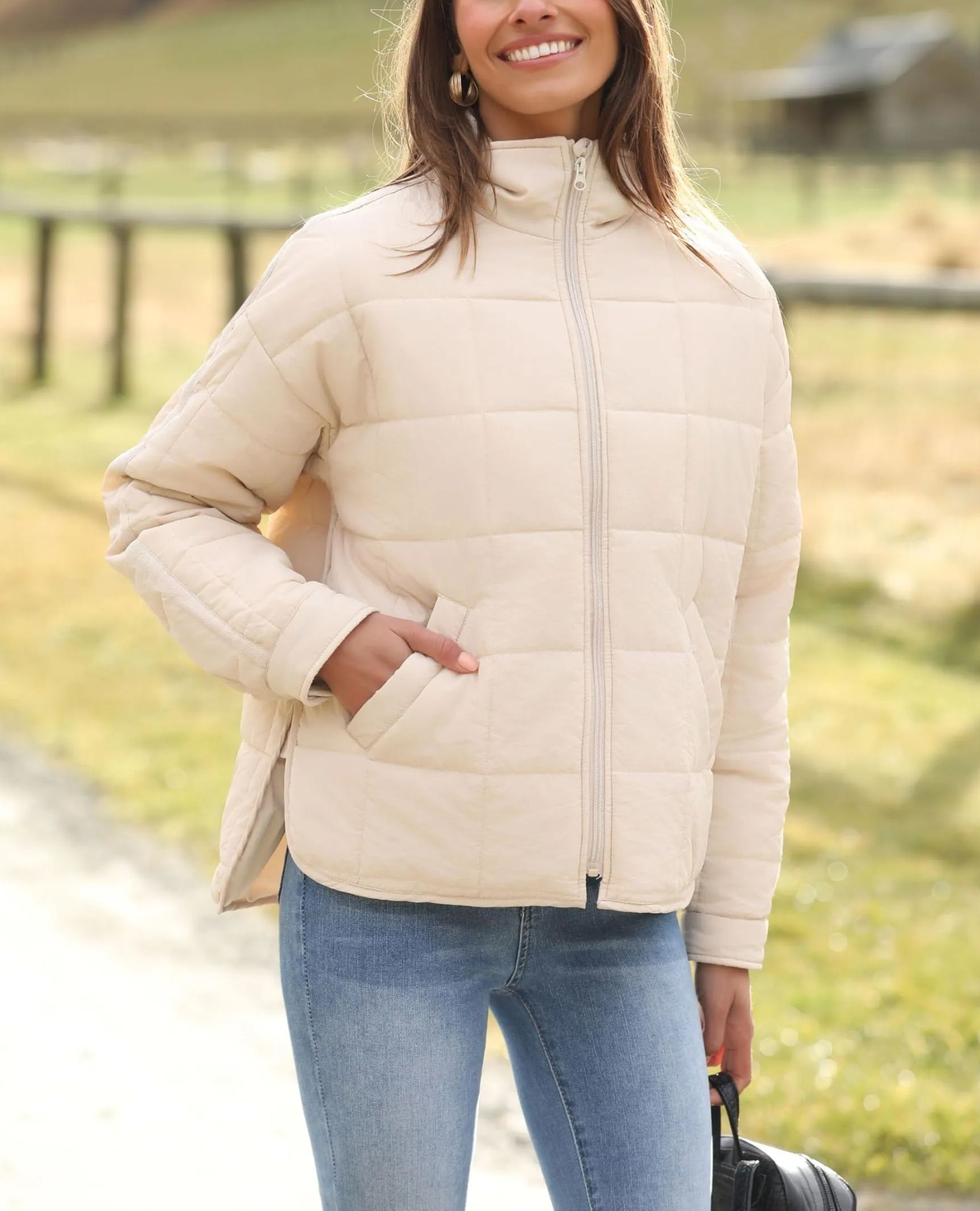 Women's Oversized Splice Quilted Lightweight Puffer Jacket Casual Padded Coat With Pockets