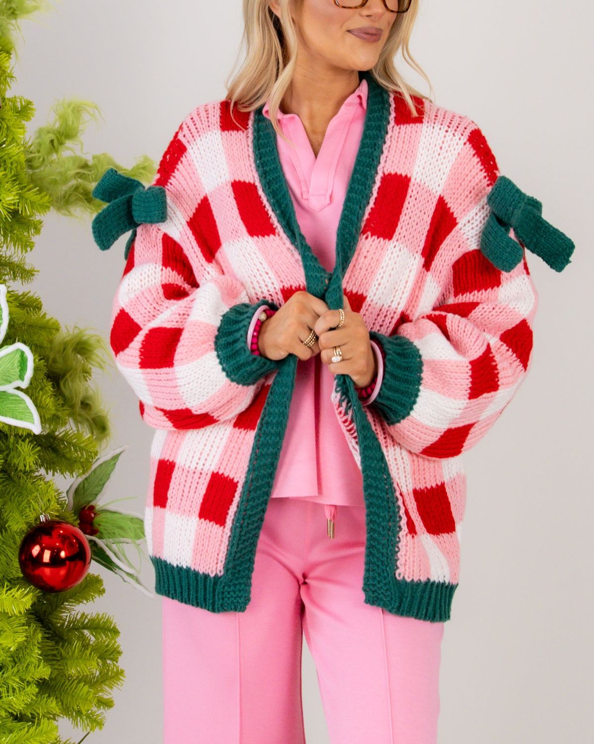 Women's Plaid Knit Bow Knot Decor Open Front Sweater Cardigan