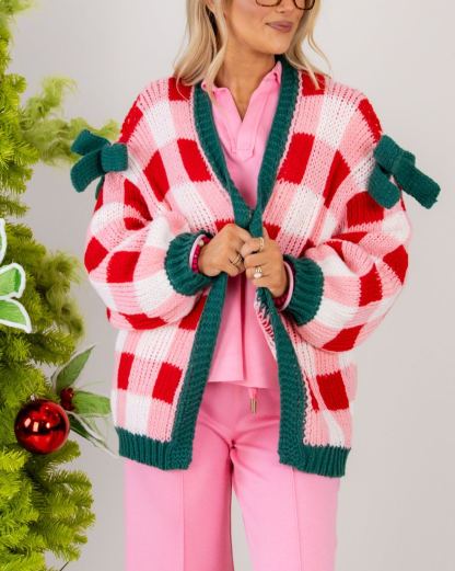 Women's Plaid Knit Bow Knot Decor Open Front Sweater Cardigan