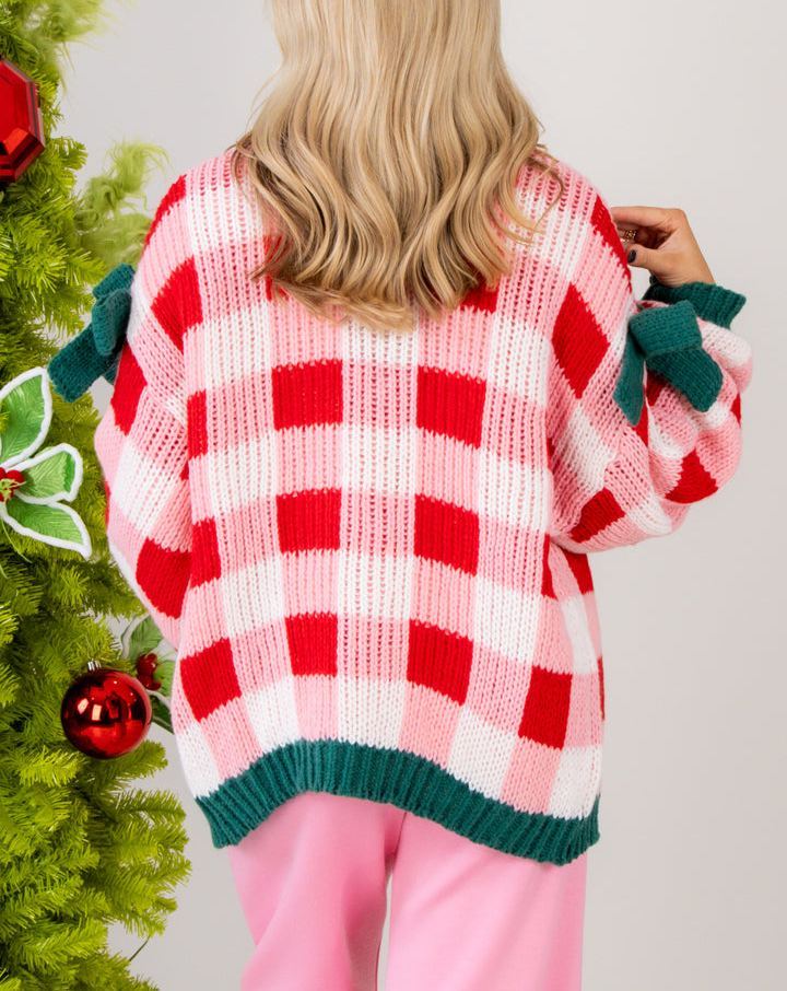 Women's Plaid Knit Bow Knot Decor Open Front Sweater Cardigan