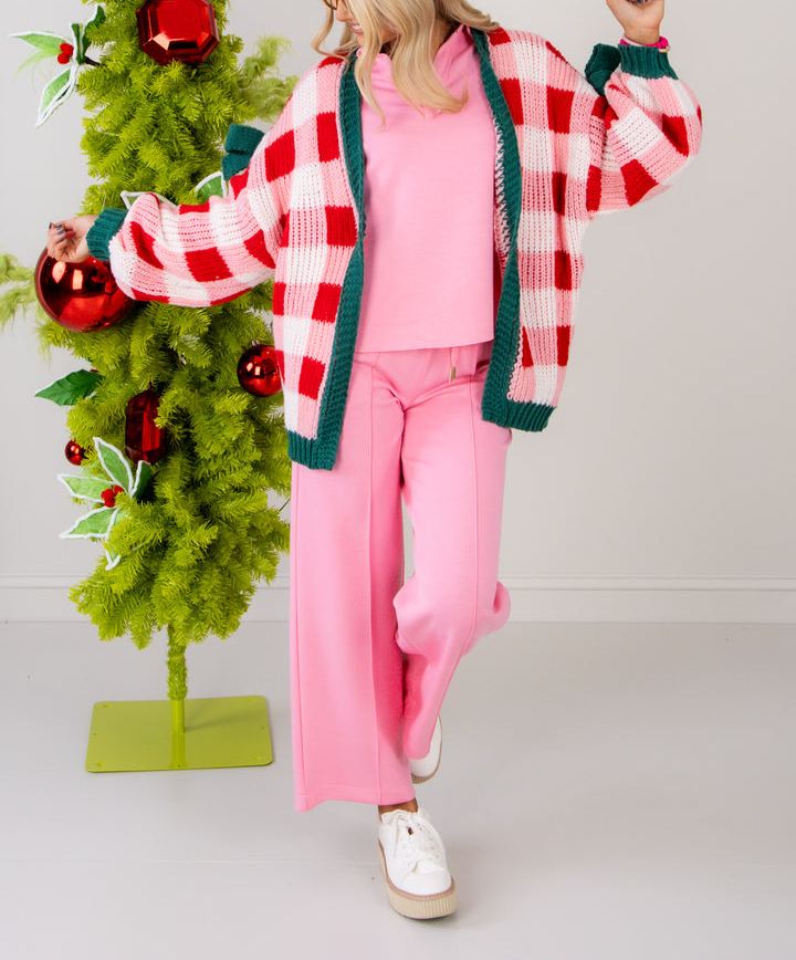 Women's Plaid Knit Bow Knot Decor Open Front Sweater Cardigan