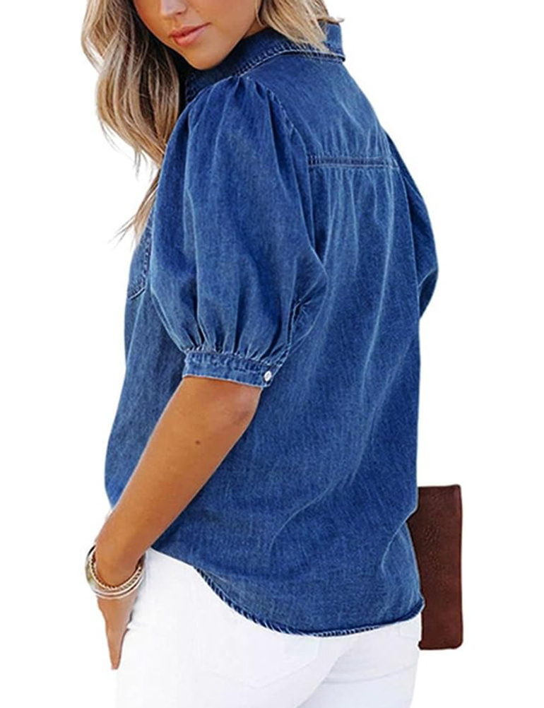 Women's Casual Puff Sleeve Denim Button-Down Shirt (Buy 2 Free Shipping)