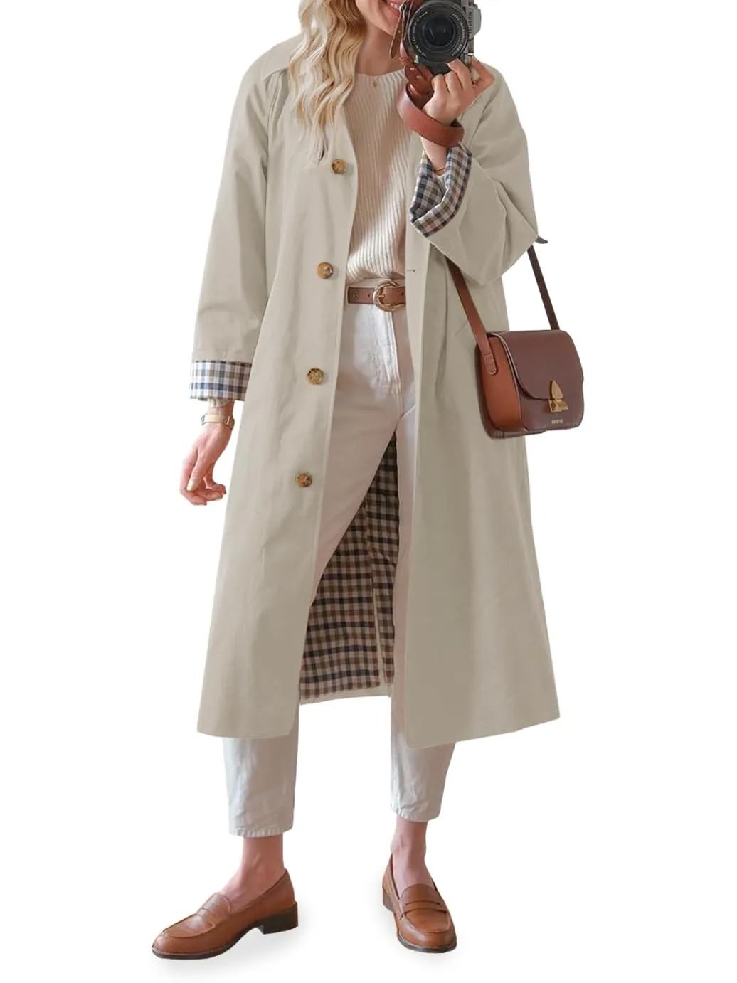 Women's Lapel Single Breasted Plaid Lined Long Trench Coat