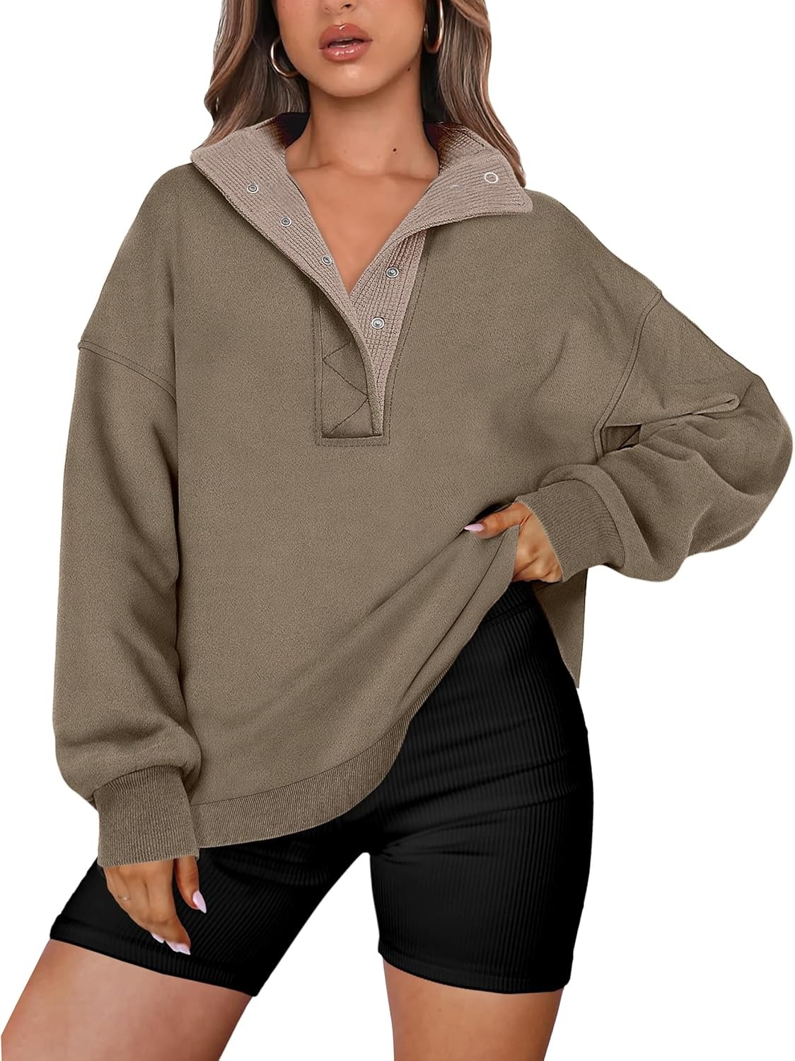 Women's Oversized Button Up Henley Pullover Sweatshirt