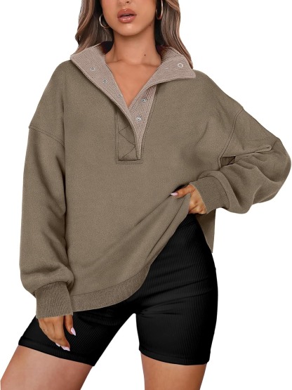 Women's Oversized Button Up Henley Pullover Sweatshirt