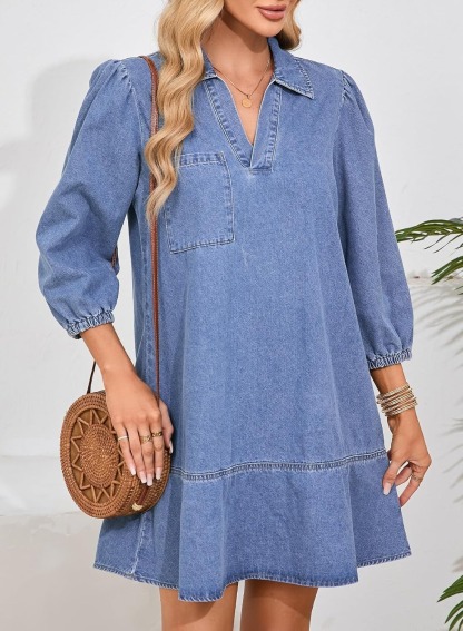 Women's V Neck 3/4 Puff Sleeve Denim Casual Dress