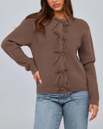 Women's Trendy Long Sleeve Ribbed Bow Button Cardigan Sweater