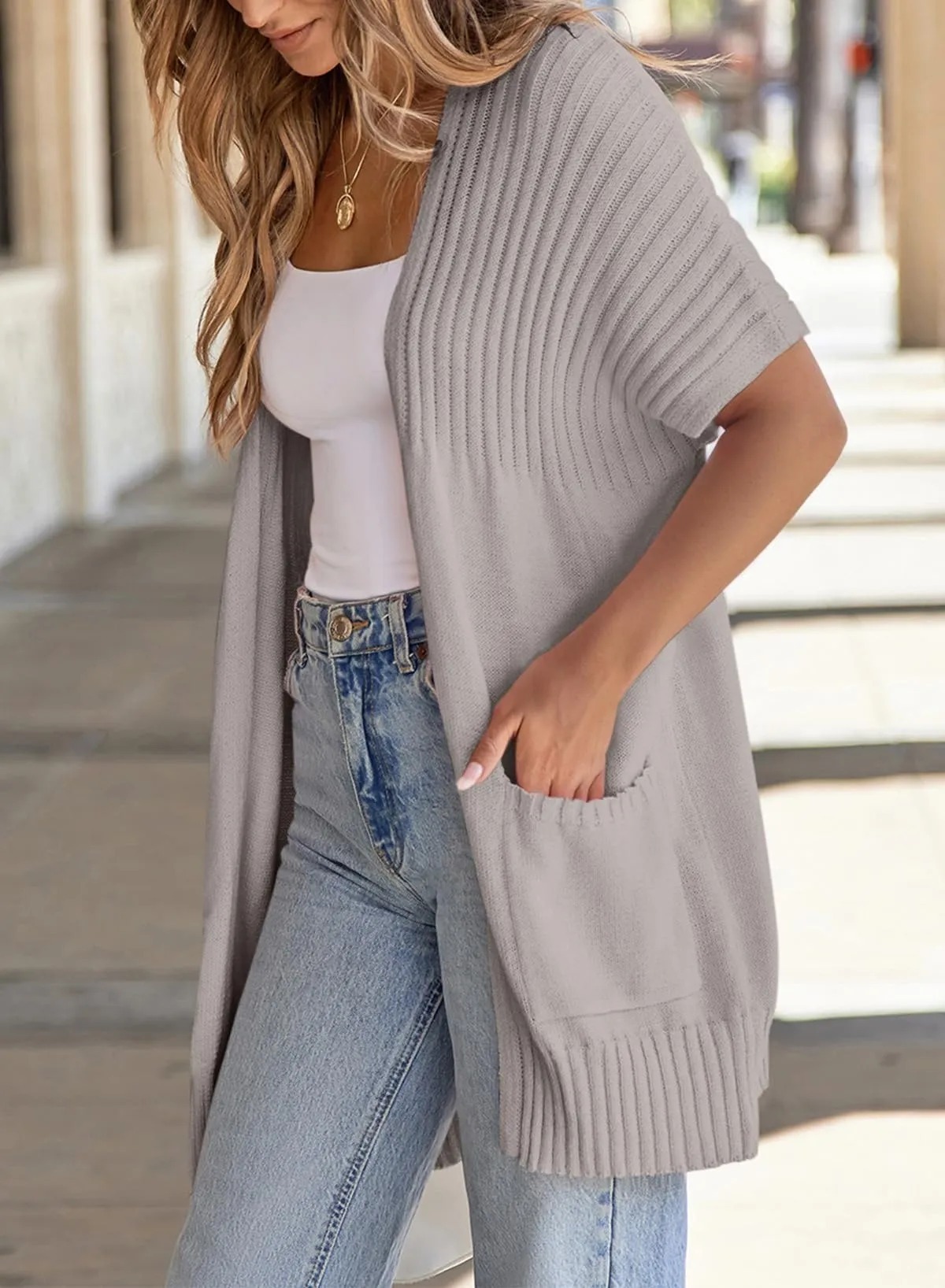 HOT SALE Women's Short Sleeve Pleated Lightweight Open Front Cardigan