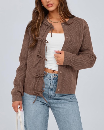 Women's Trendy Long Sleeve Ribbed Bow Button Cardigan Sweater
