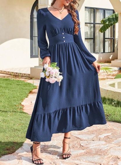 Women's Casual V Neck Long Sleeve Button High Waist Flowy Maxi Dress