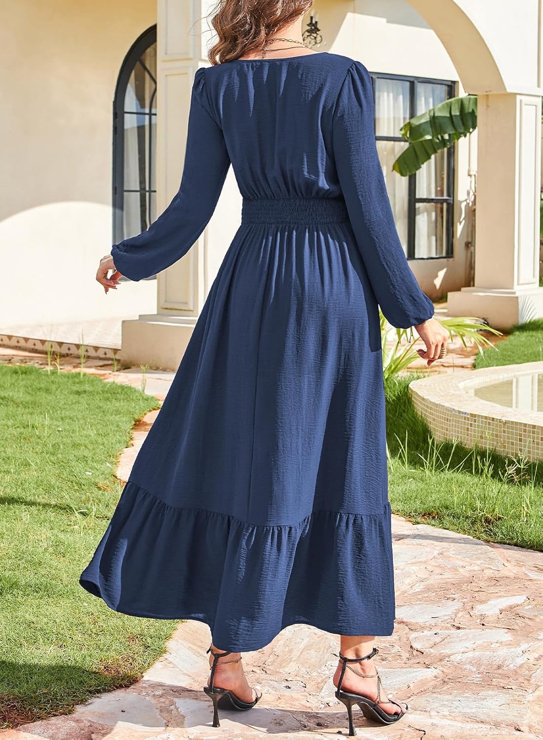Women's Casual V Neck Long Sleeve Button High Waist Flowy Maxi Dress