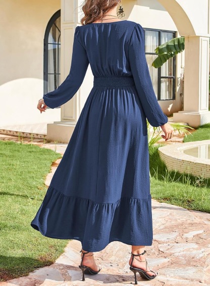 Women's Casual V Neck Long Sleeve Button High Waist Flowy Maxi Dress