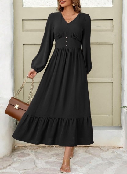 Women's Casual V Neck Long Sleeve Button High Waist Flowy Maxi Dress