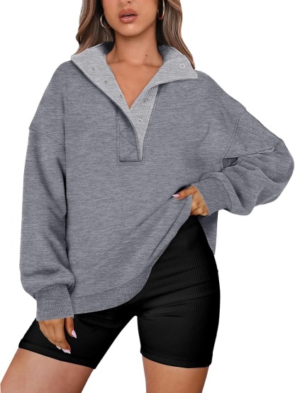 Women's Oversized Button Up Henley Pullover Sweatshirt