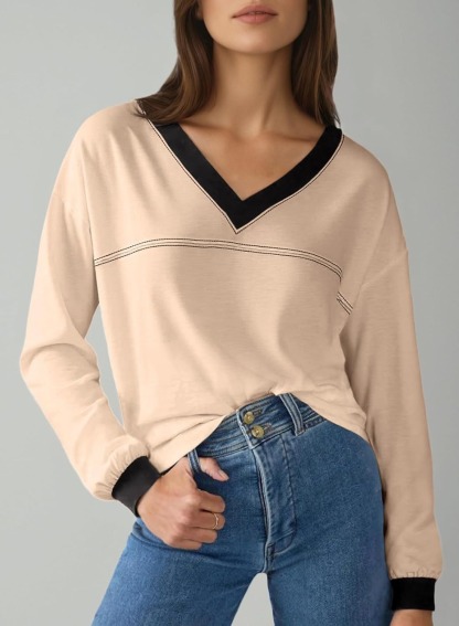 Women's Loose V-Neck Colorblock Sweatshirt（Buy 2 Free Shipping)