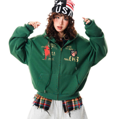 Vintage Embroidered Street  Zip-Up Hoodie