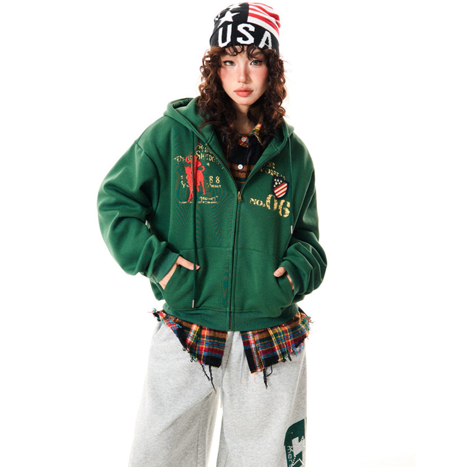 Vintage Embroidered Street  Zip-Up Hoodie