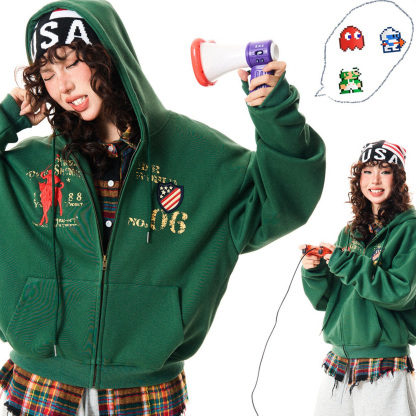 Vintage Embroidered Street  Zip-Up Hoodie