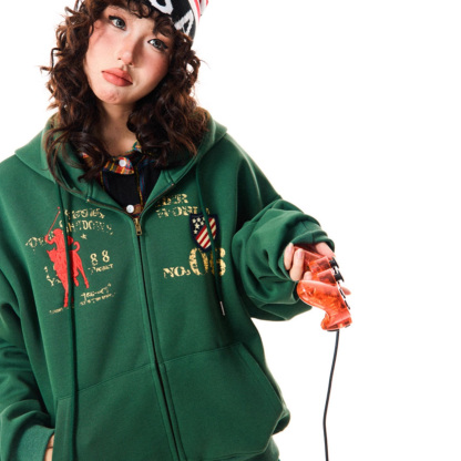 Vintage Embroidered Street  Zip-Up Hoodie