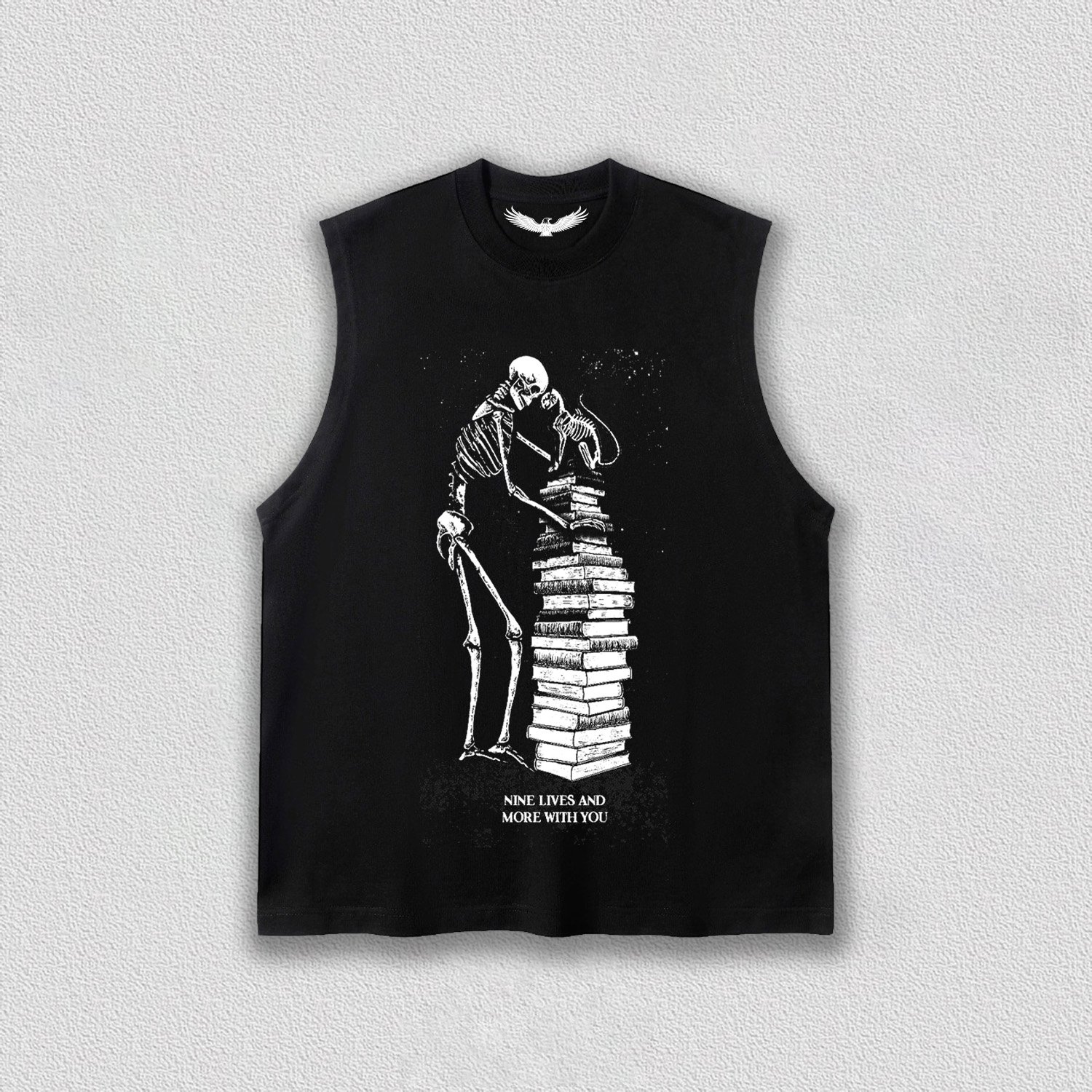 Skeleton and Cat on Book Pile T-Shirt