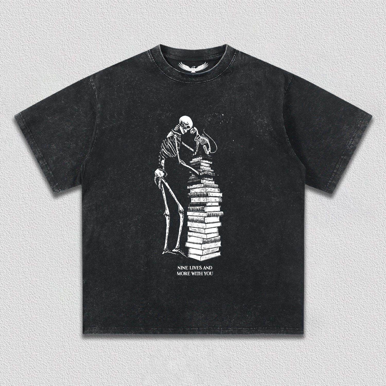 Skeleton and Cat on Book Pile T-Shirt