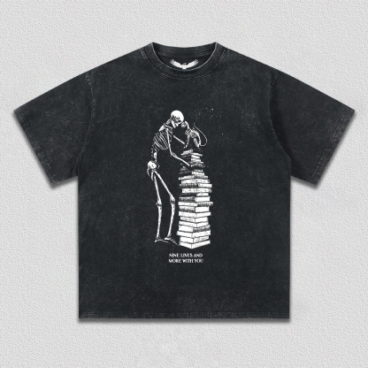 Skeleton and Cat on Book Pile T-Shirt