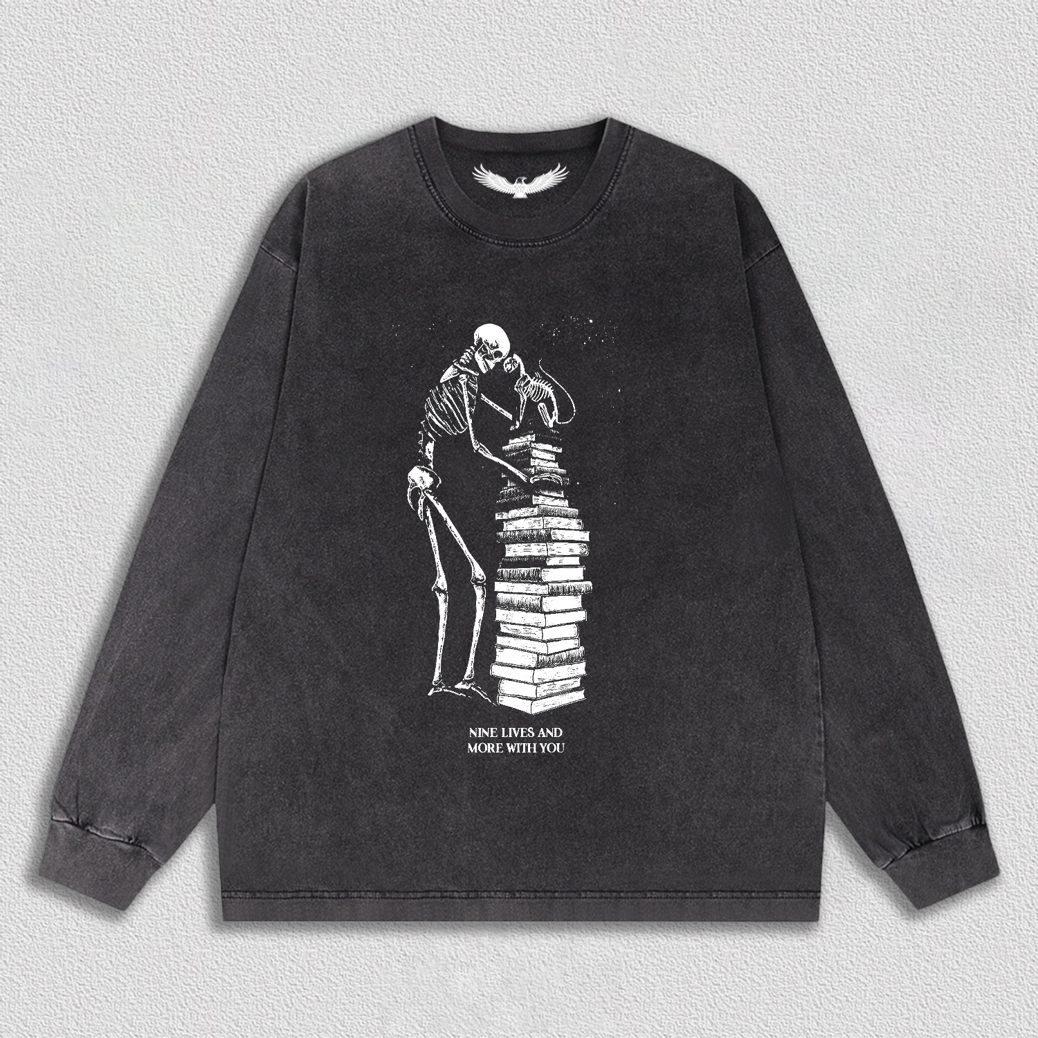 Skeleton and Cat on Book Pile T-Shirt