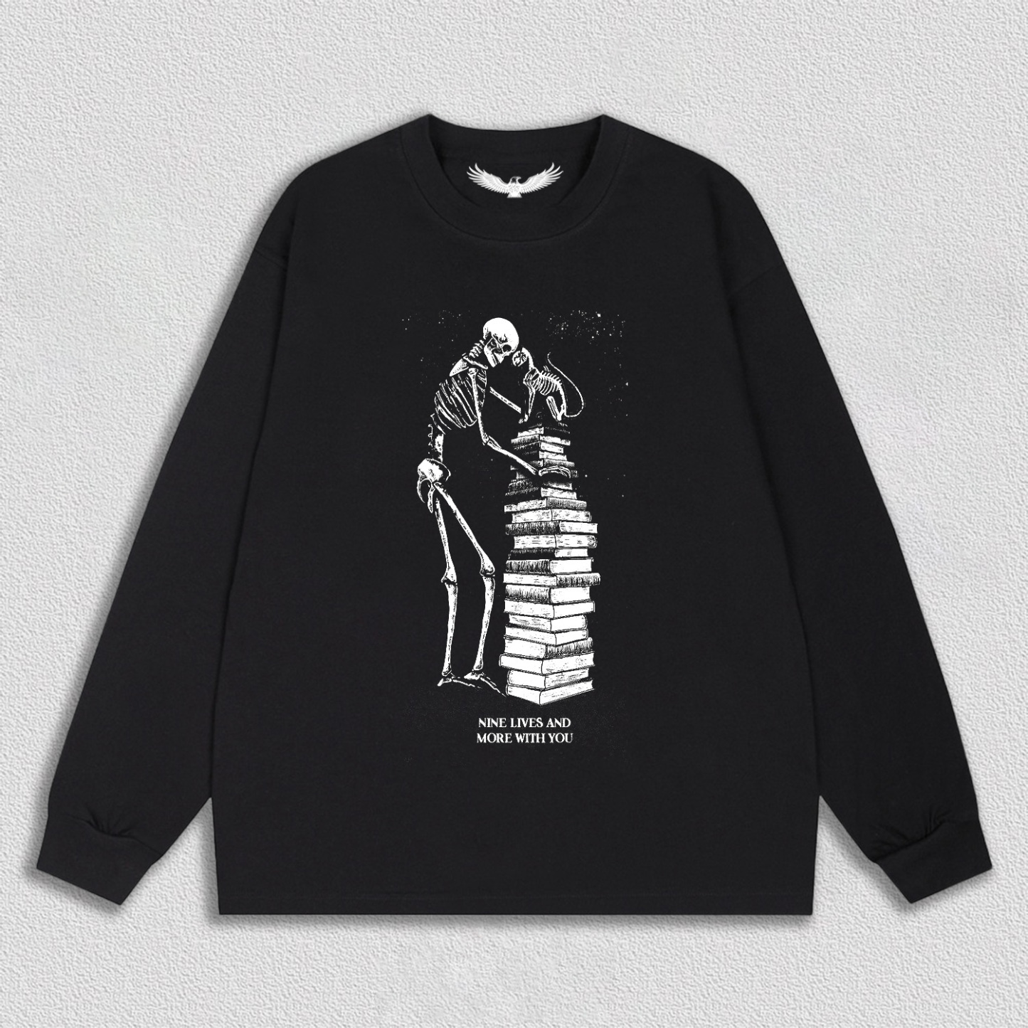 Skeleton and Cat on Book Pile T-Shirt