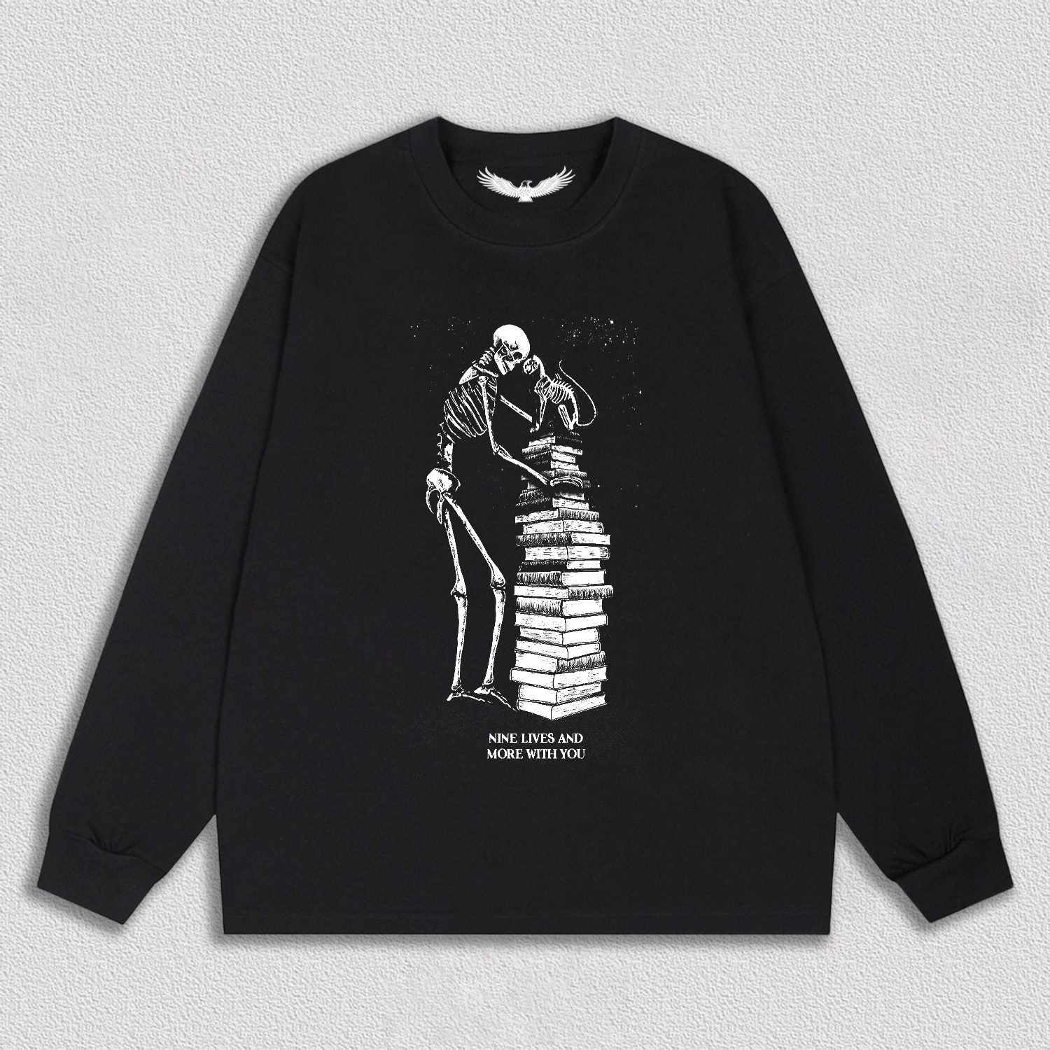 Skeleton and Cat on Book Pile T-Shirt