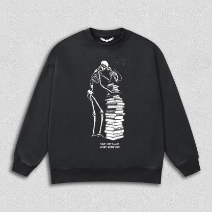 Skeleton and Cat on Book Pile T-Shirt