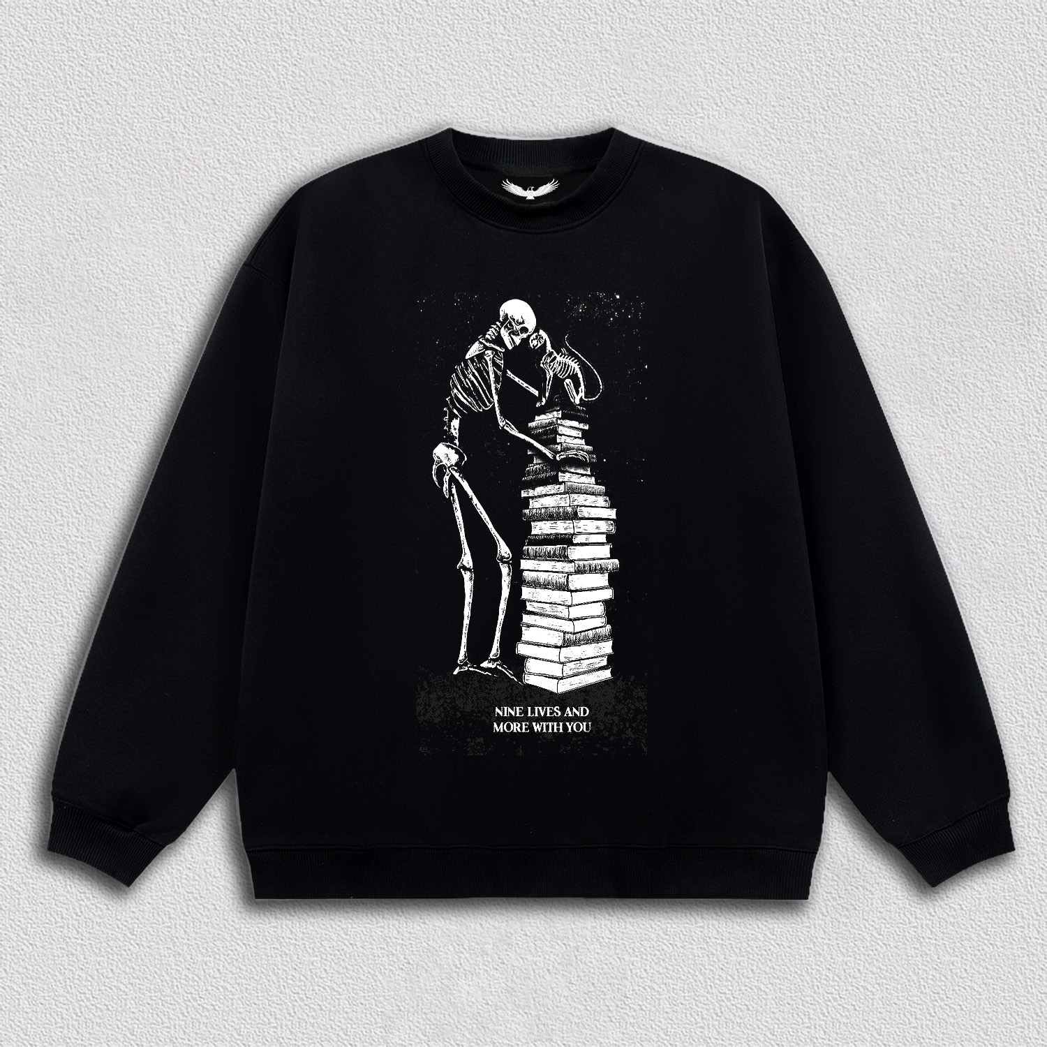 Skeleton and Cat on Book Pile T-Shirt