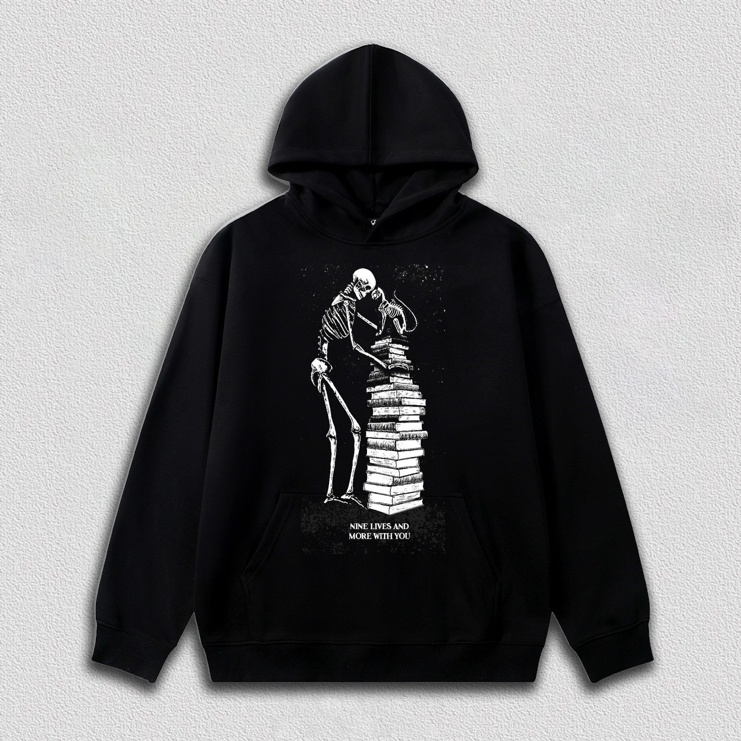 Skeleton and Cat on Book Pile T-Shirt