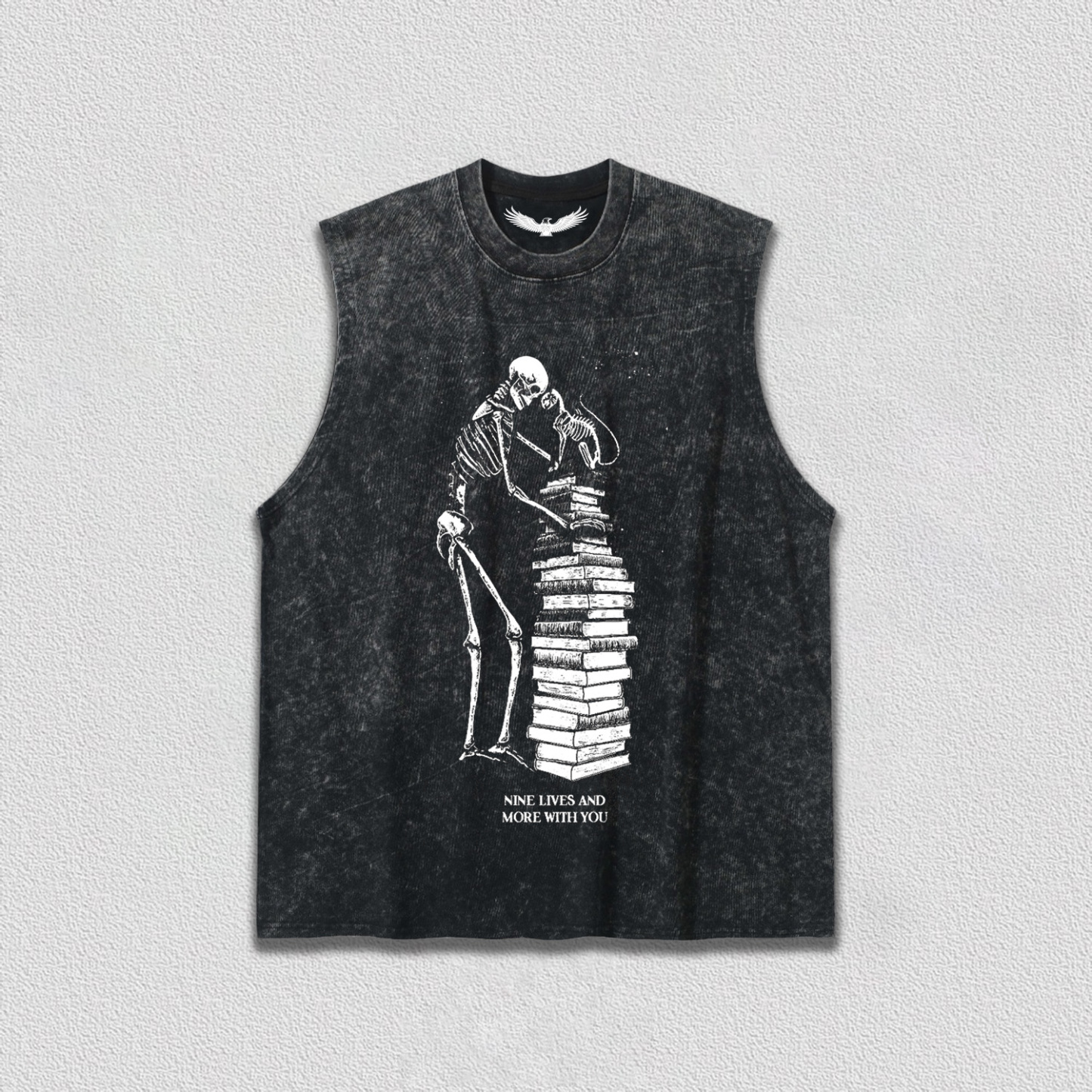 Skeleton and Cat on Book Pile T-Shirt