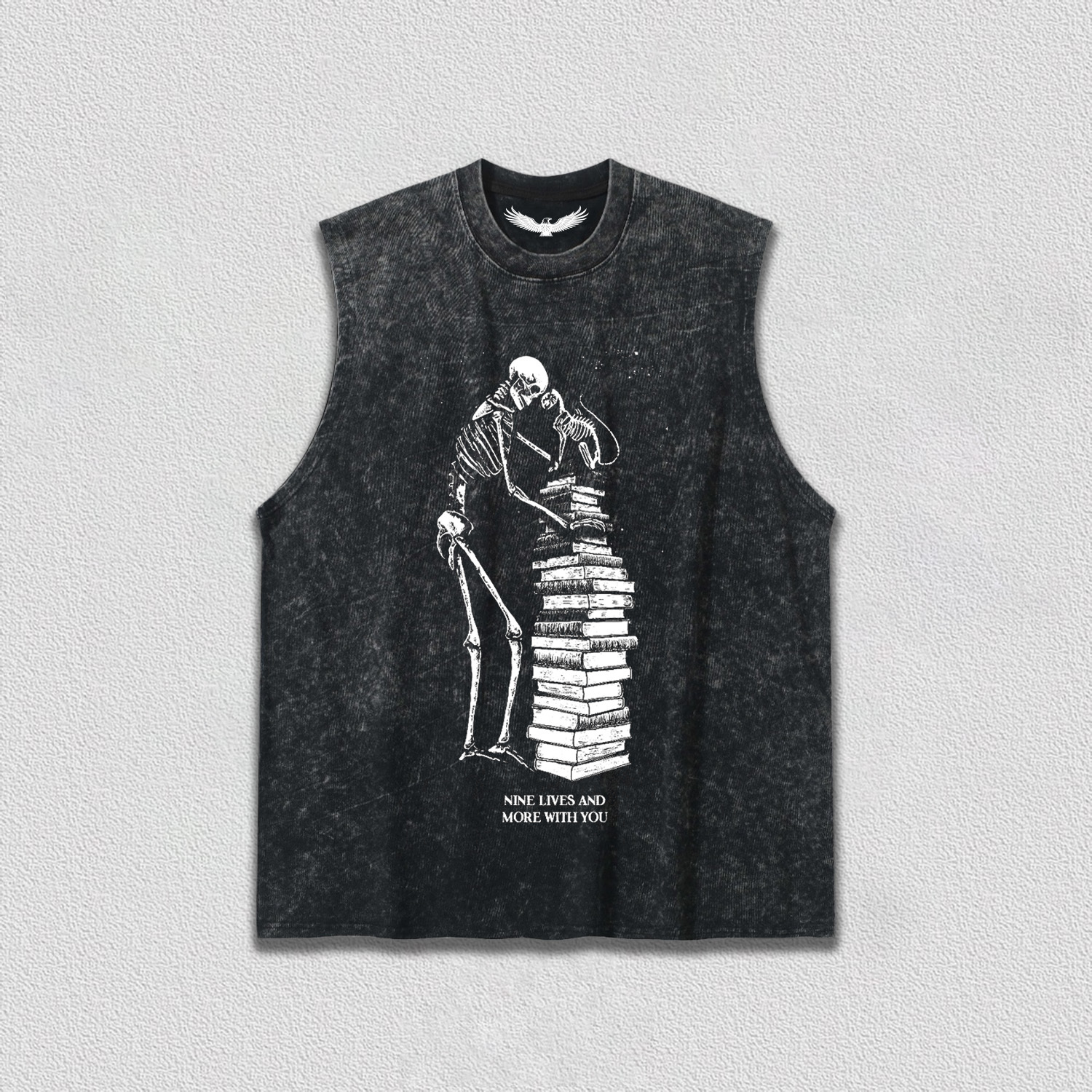 Skeleton and Cat on Book Pile T-Shirt