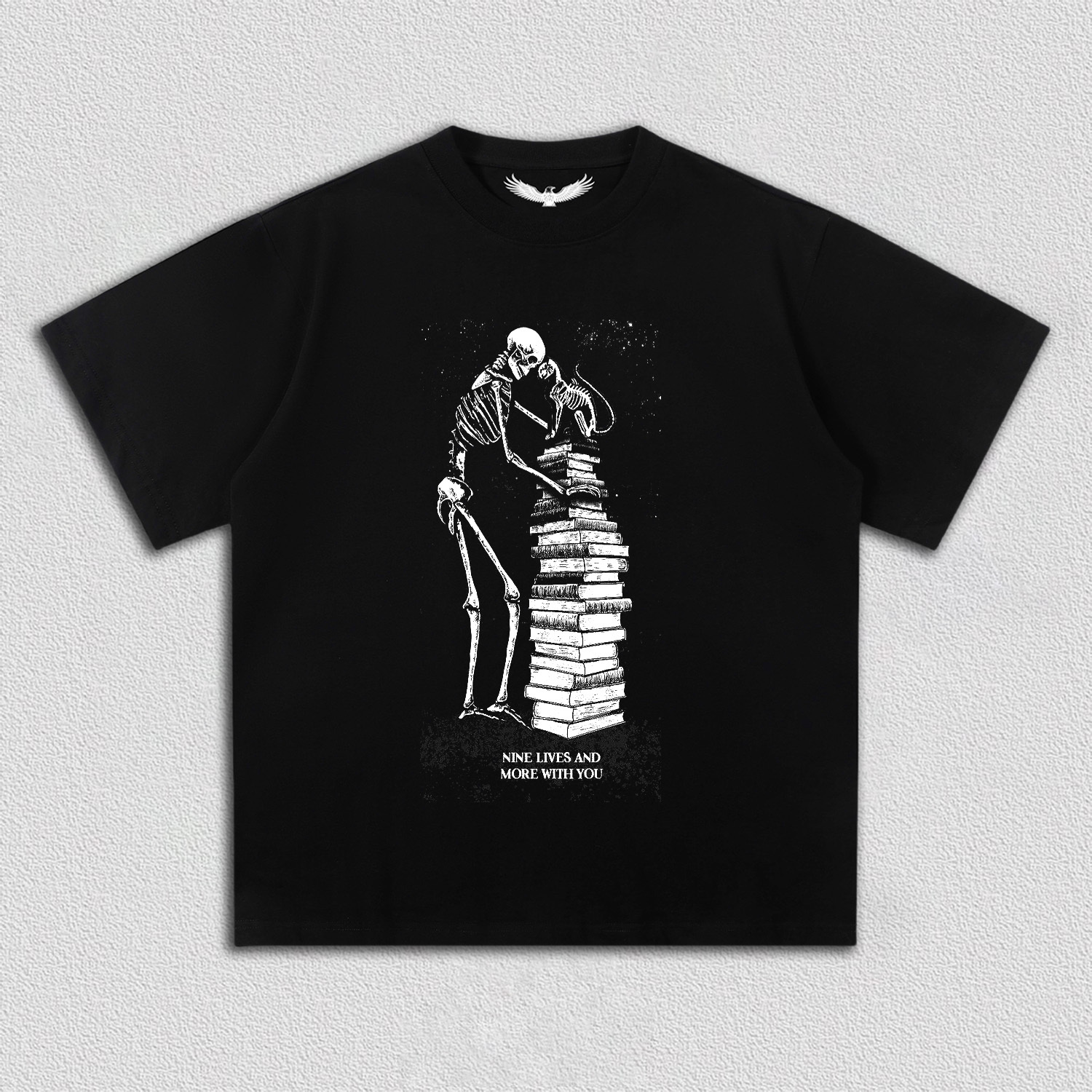 Skeleton and Cat on Book Pile T-Shirt